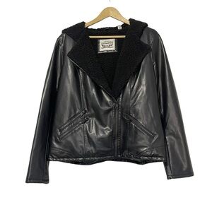 Levi’s Black Faux Leather Sherpa Lined Hooded Jacket Size Large Outdoor Classic